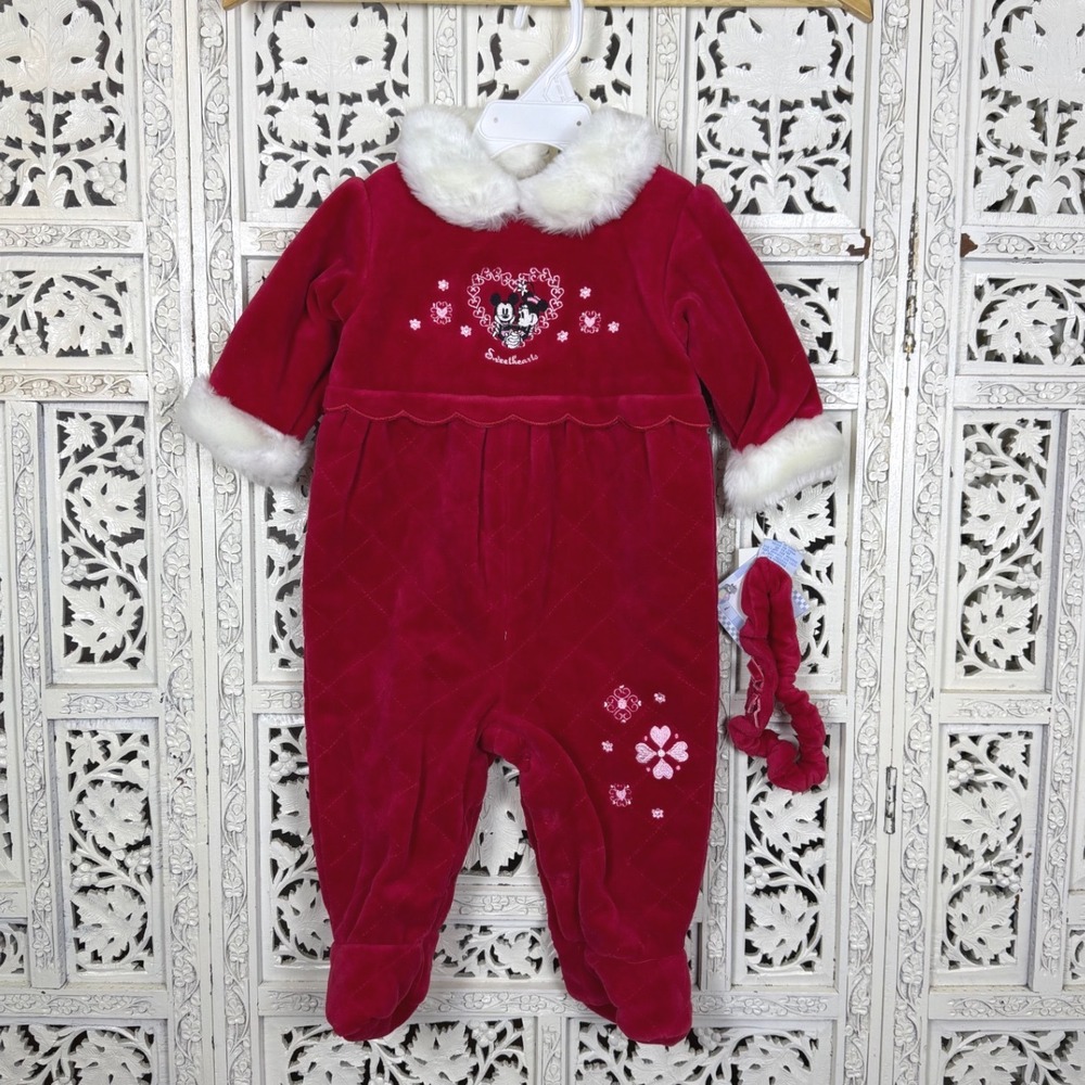 Vintage‎ Disney Mickey Minnie Mouse Red Velvet Onesie Girls Sz 6/9 Months